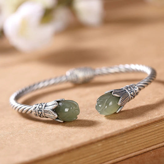 Elegant Sterling Silver Open Bangle Bracelet with Natural Jade