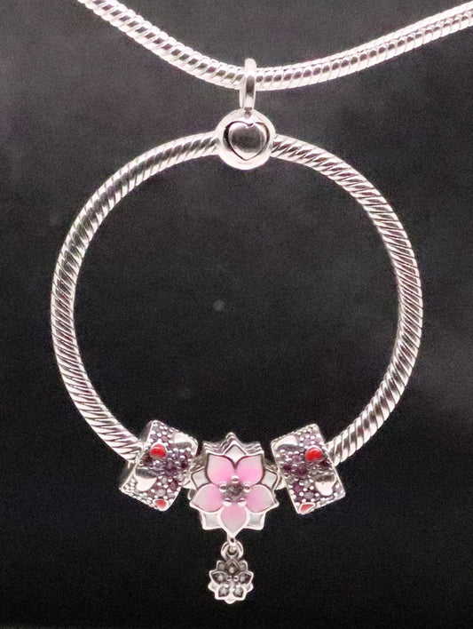 Beautiful Sterling Silver O Charm Pendant with Floral Accents on a 22-Inch Necklace