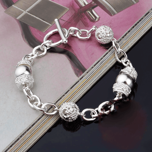 Sterling Silver Bracelet With Florentine And High Polish Ball- Toggle Clasp