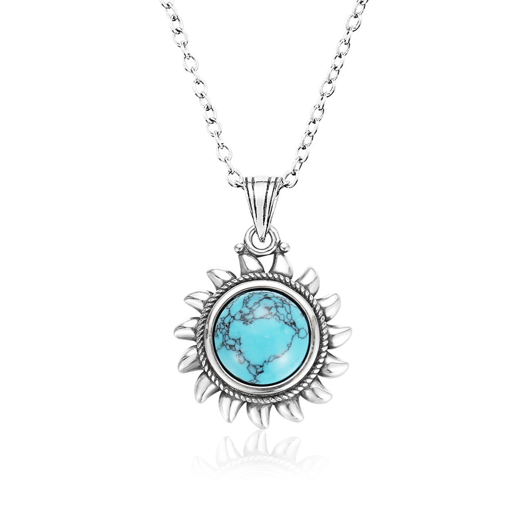 Unique Vintage Sterling Silver Sun Pendant with Natural Turquoise