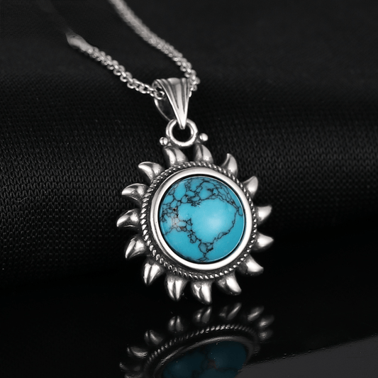 Unique Vintage Sterling Silver Sun Pendant with Natural Turquoise