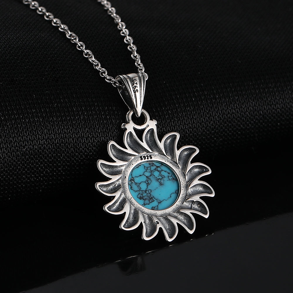 Unique Vintage Sterling Silver Sun Pendant with Natural Turquoise