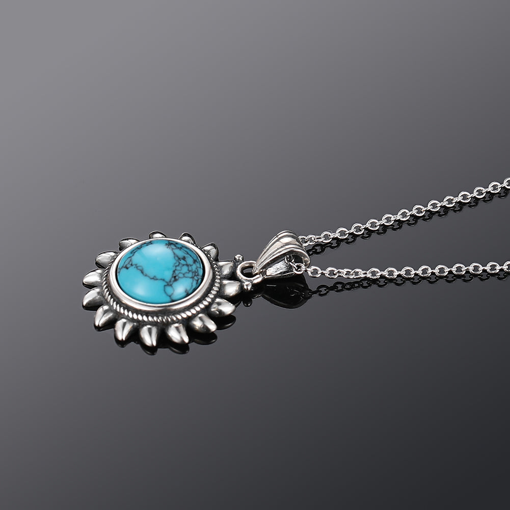 Unique Vintage Sterling Silver Sun Pendant with Natural Turquoise