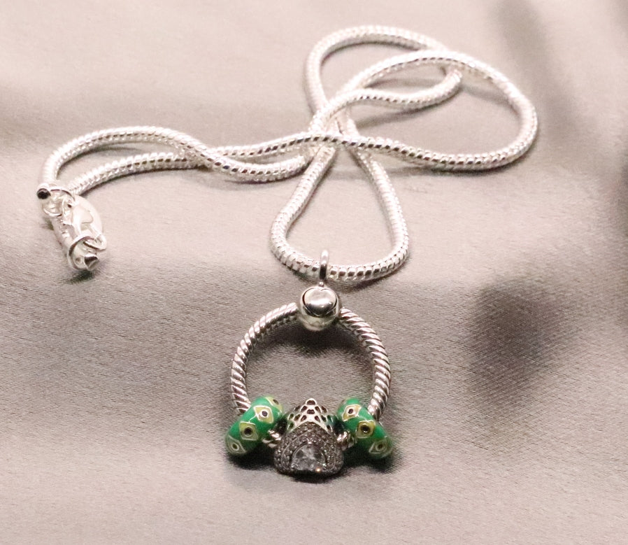 Pendant Necklace with Sterling Silver Push Lock Charm and Heart Charms