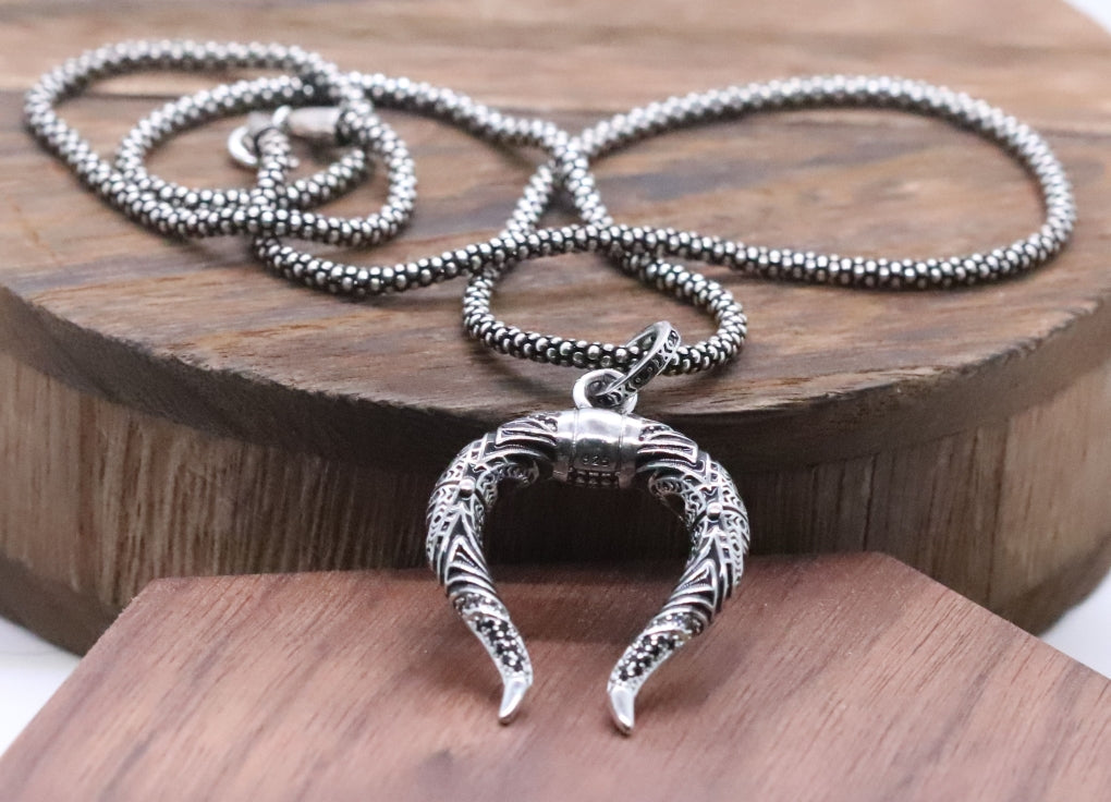 Antique-inspired Dragon Horn Pendant in Sterling Silver with Unique Craftsmanship