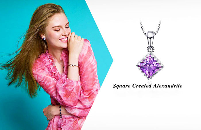 Sterling Silver Square Shaped Lab Created Alexandrite Sapphire Solitaire Pendant Set in Exquisite Sterling Silver Setting on 18" Box Chain. Origin of Stone Switzerland