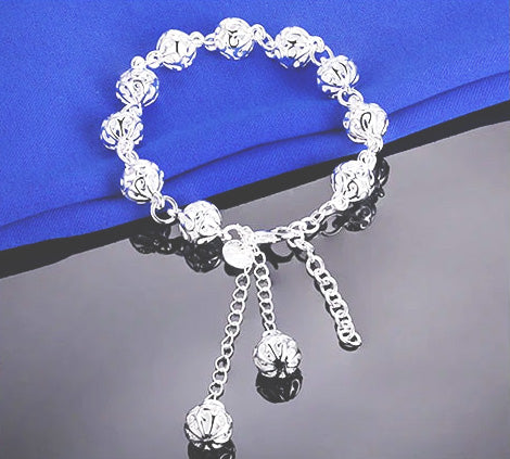 Elegant Sterling Silver Bracelet with Florentine Open Design &amp; Hanging Beads