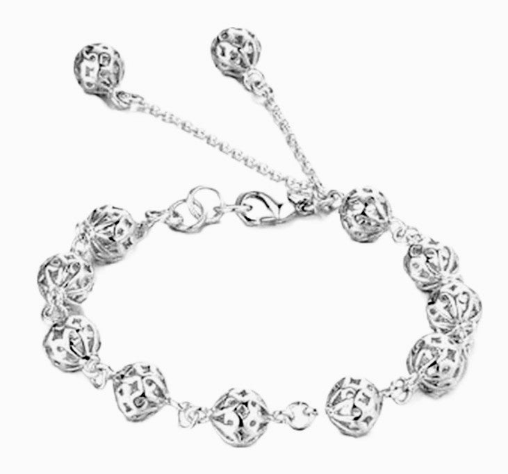 Elegant Sterling Silver Bracelet with Florentine Open Design &amp; Hanging Beads