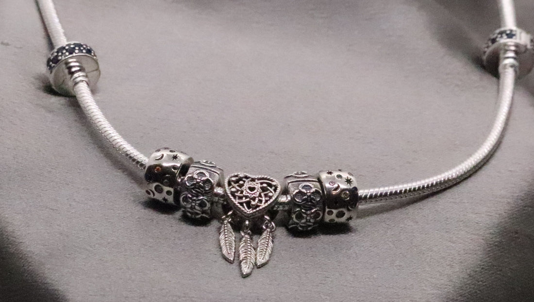 Sterling Silver Charm Necklace with Moon and Flower Charms