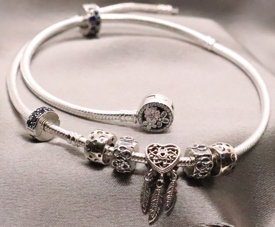 Sterling Silver Charm Necklace with Moon and Flower Charms
