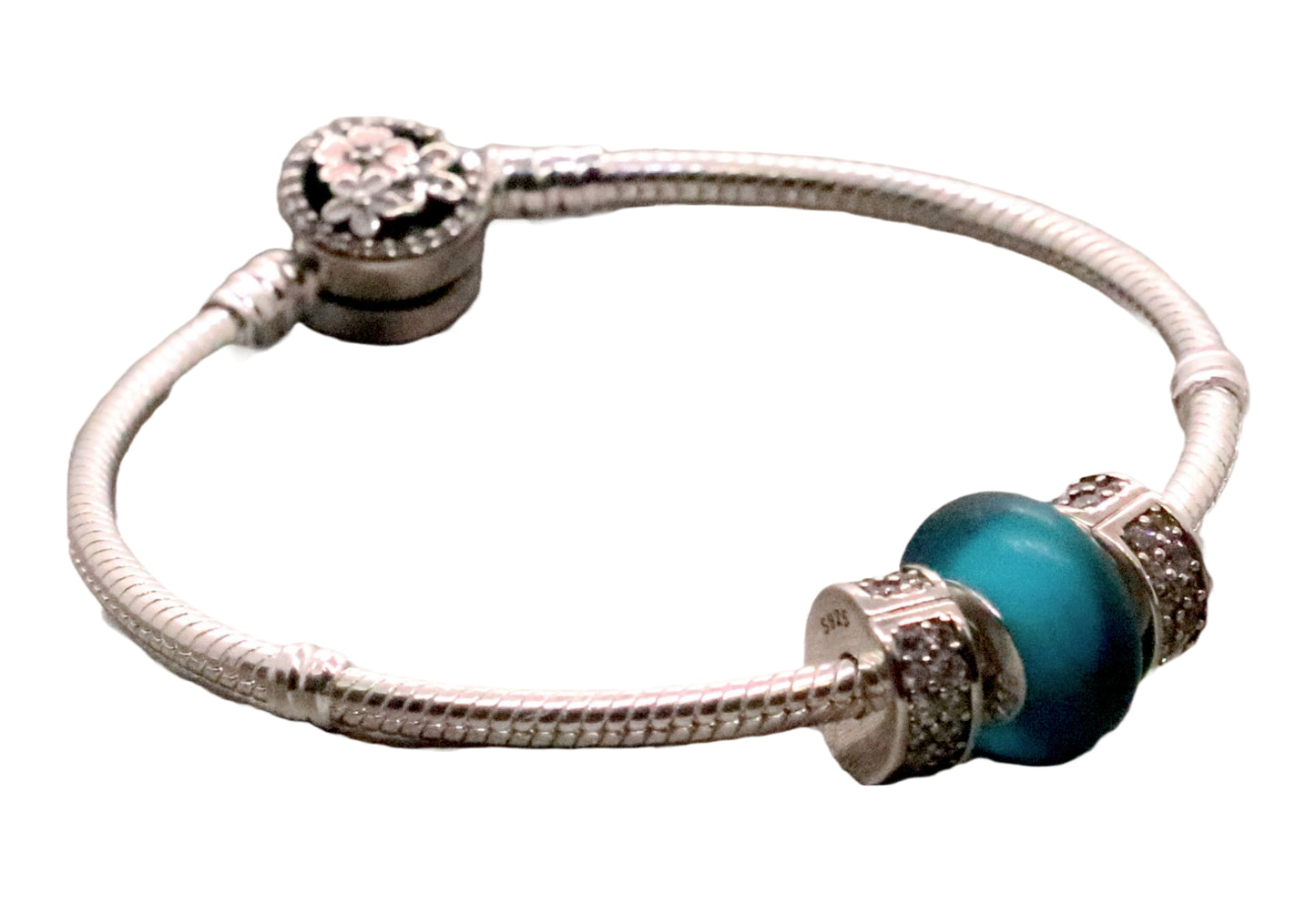 Fashionable Sterling Silver Snake Charm Bracelet with CZ and Green Charm Bead