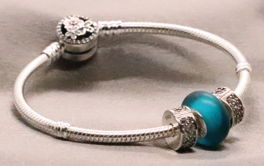 Fashionable Sterling Silver Snake Charm Bracelet with CZ and Green Charm Bead