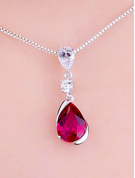 Sterling Silver Pear Shaped Ruby Lab Created Non-Treated Accented with Two Round Cubic Zirconia Stones on 18" Box Chain. Origin of Stone China