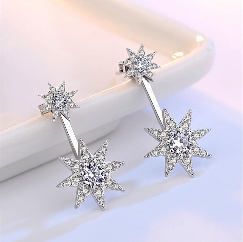 Exquisitely Designed Star Shaped Sterling Silver CZ Earring and Ear Jacket Set