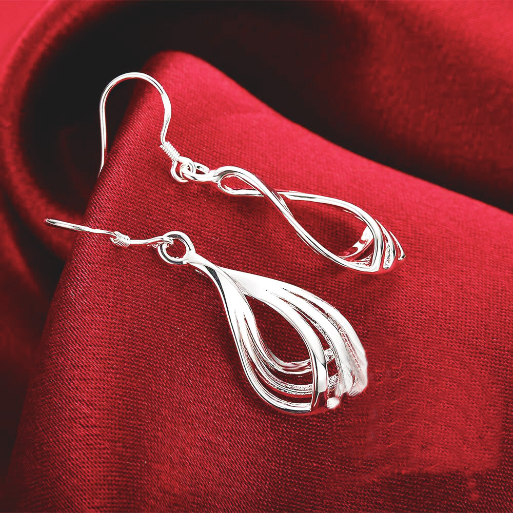 Exquisite Sterling Silver 3 Line Ripple Water Drop Vintage Dangle Earrings