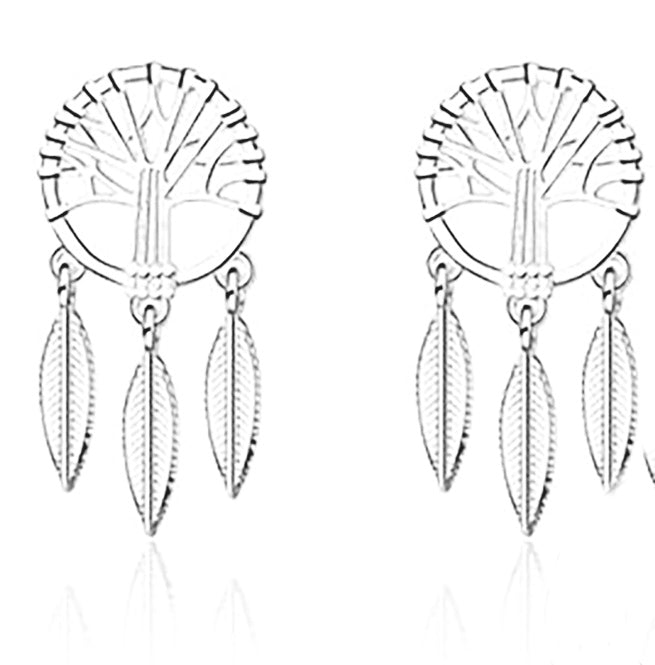 Sterling Silver Tree of Life Earrings with Dream Catcher Style Hanging Leaves