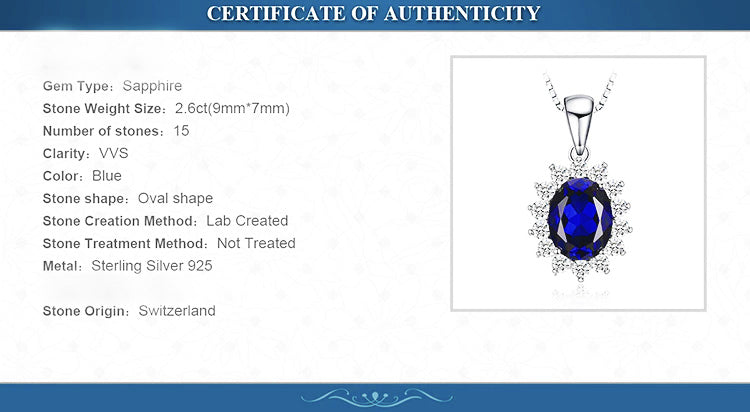 Sterling Silver Oval Shaped Lab Created Non-Treated Sapphire Accented with 14 Round Cubic Zirconia Stones on 18" Box Chain. Origin of Stone Switzerland