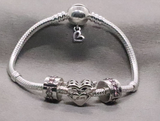 Elegant Sterling Silver Snake Charm Bead Bracelet with Engraved Heart and CZ Charms