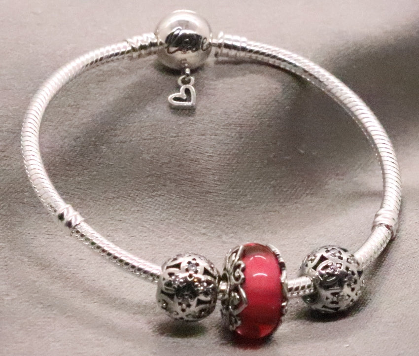 Sterling Silver Snake Charm Bead Bracelet with Filigree Beads, Orange Synthetic Stone Bead Charm