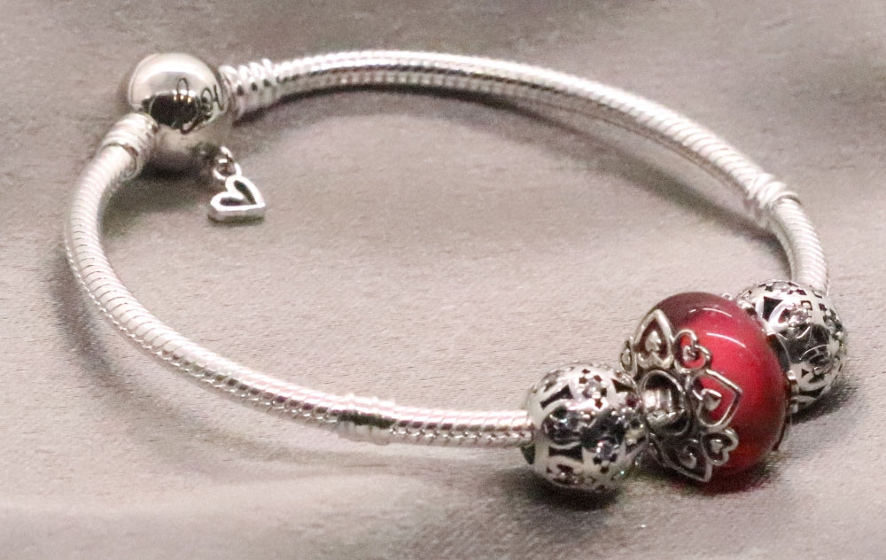 Sterling Silver Snake Charm Bead Bracelet with Filigree Beads, Orange Synthetic Stone Bead Charm