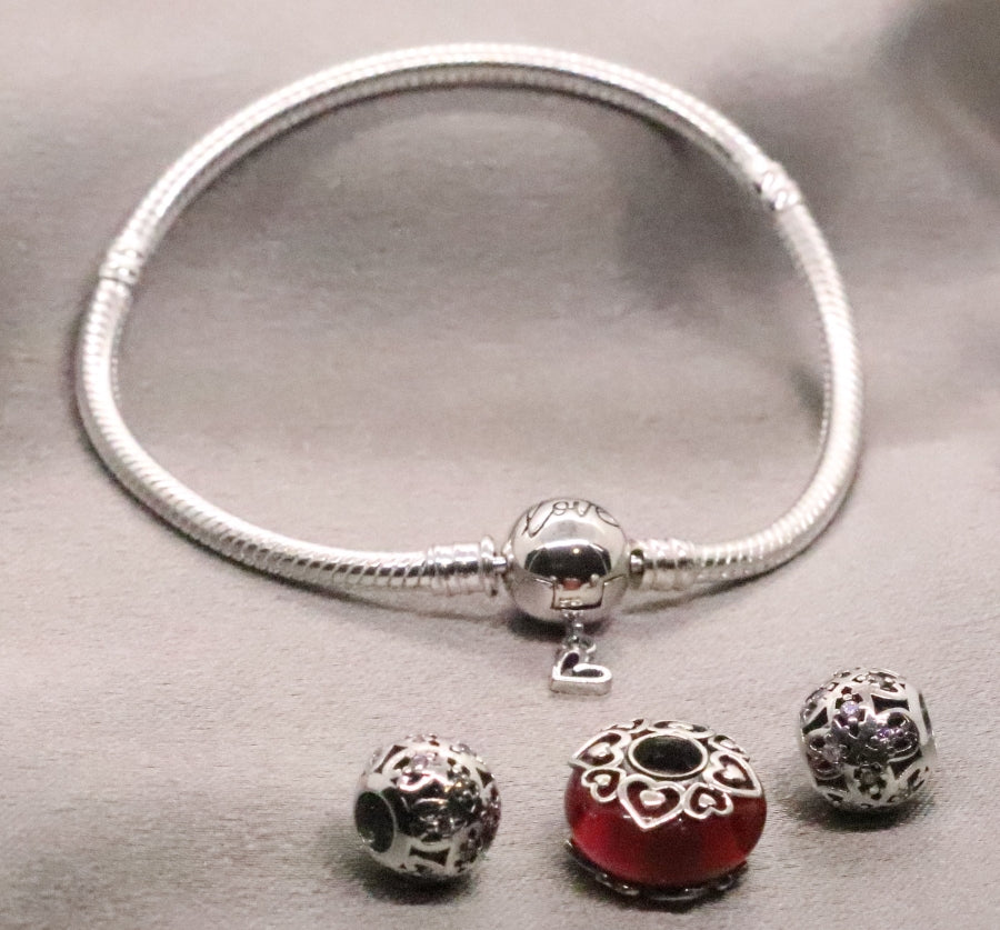 Sterling Silver Snake Charm Bead Bracelet with Filigree Beads, Orange Synthetic Stone Bead Charm