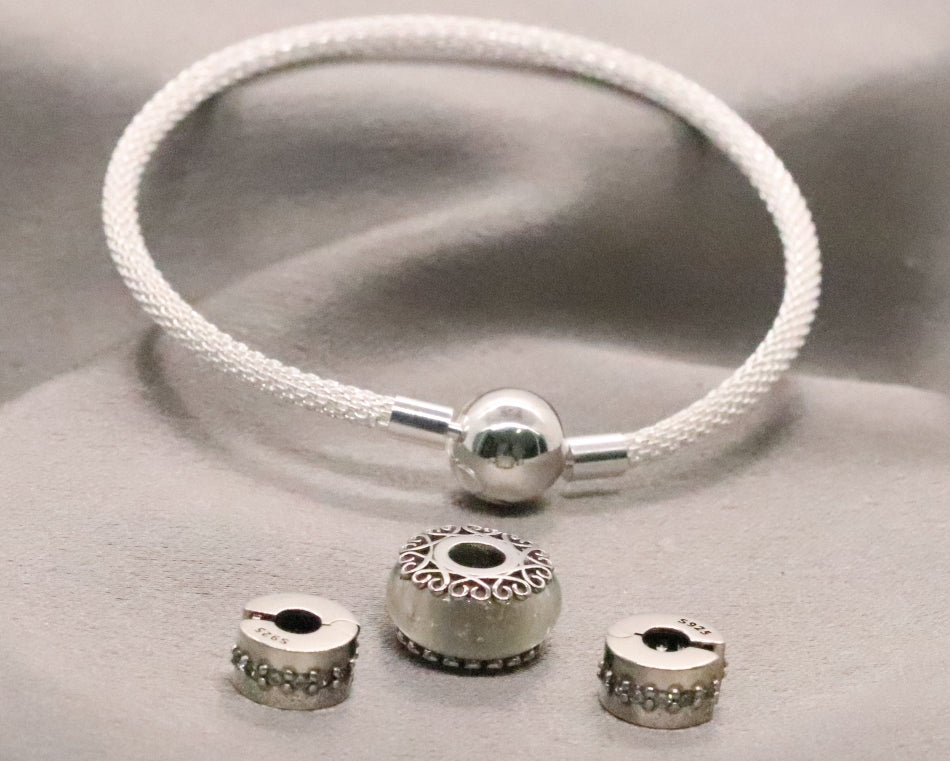 Dainty Sterling Silver Bracelet with CZ and Synthetic Stone Charms