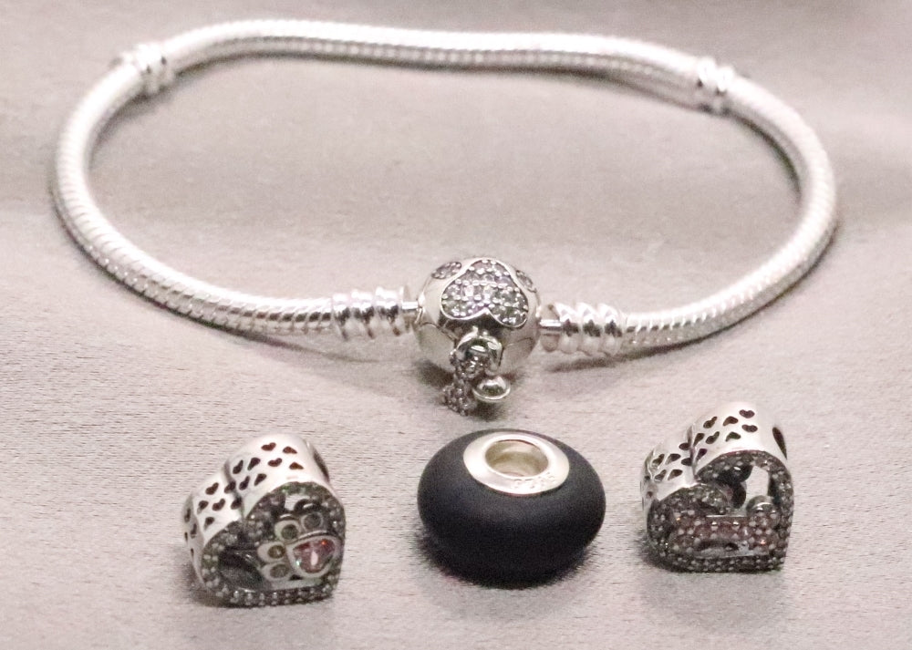 Elegant Sterling Silver Animal Charm Bracelet with Engraved Paw and Bone