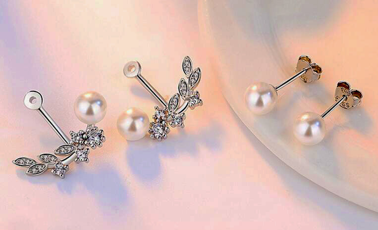 Exquisite Sterling Silver Pearl Earrings and Pearl and CZ Ear Jacket Set