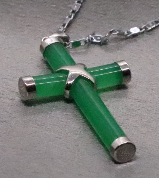 Elegant Sterling Silver Light Green Jade Cross Pendant with Chain