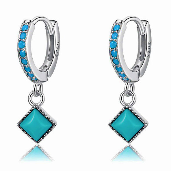 Elegantly Designed Bohemian Style Sterling Silver Earrings with Dangling Natural Turquoise Stone