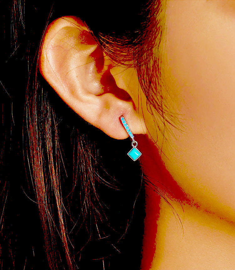 Elegantly Designed Bohemian Style Sterling Silver Earrings with Dangling Natural Turquoise Stone
