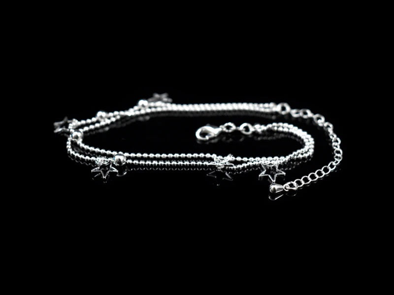 Alluring Sterling Silver Double Strand Anklet on Beautiful Dainty Ball Chain with Open Star Charms & Beads Symmetrically Proportioned on 9-Inch Adjustable Chain.