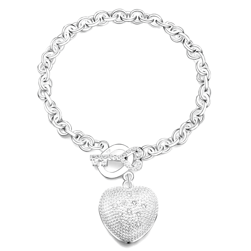 Key to My Heart Sterling Silver Puffed Heart Bracelet with Cut-Out Hearts & Florentine Finish