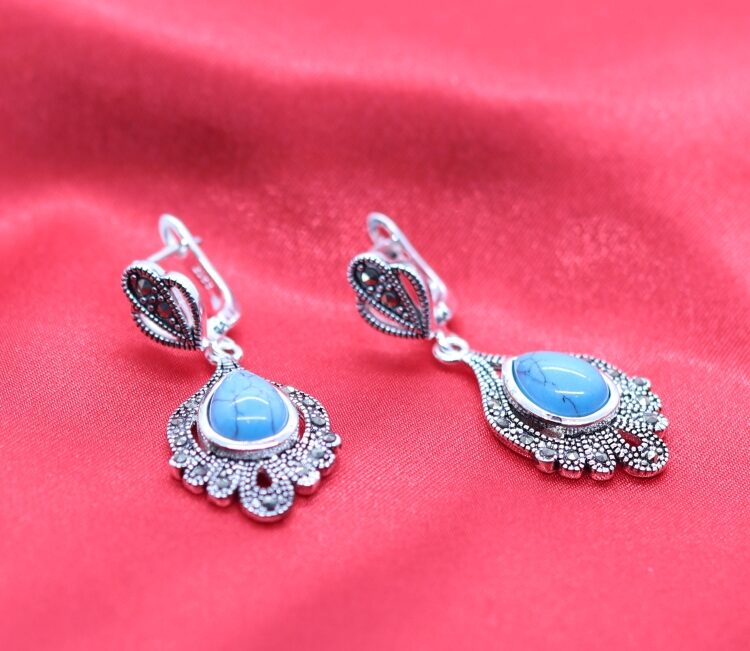 Stunning Sterling Silver Earrings with Vintage Charm and Natural Turquoise