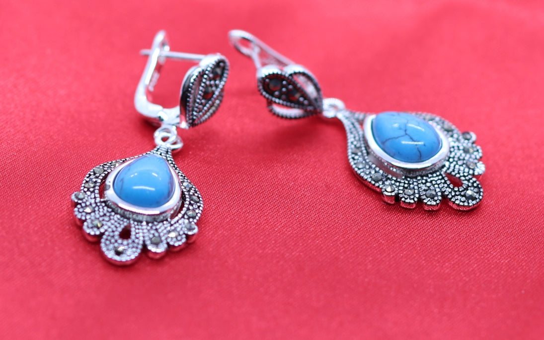 Stunning Sterling Silver Earrings with Vintage Charm and Natural Turquoise