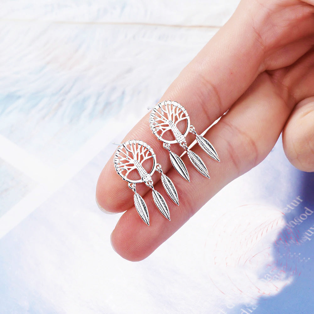 Sterling Silver Tree of Life Earrings with Dream Catcher Style Hanging Leaves