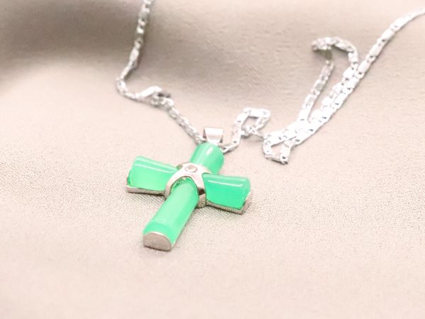 Beautifully Designed Sterling Silver Necklace with Genuine Dark Green Jade Cross Pendant on 18-Inch Chain