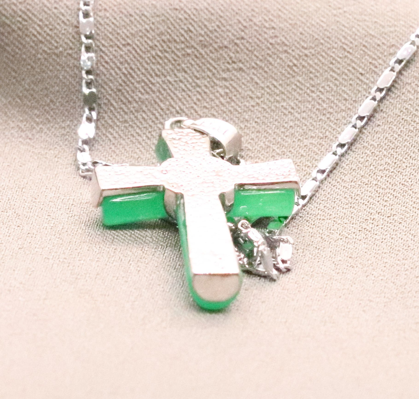 Beautifully Designed Sterling Silver Necklace with Genuine Dark Green Jade Cross Pendant on 18-Inch Chain