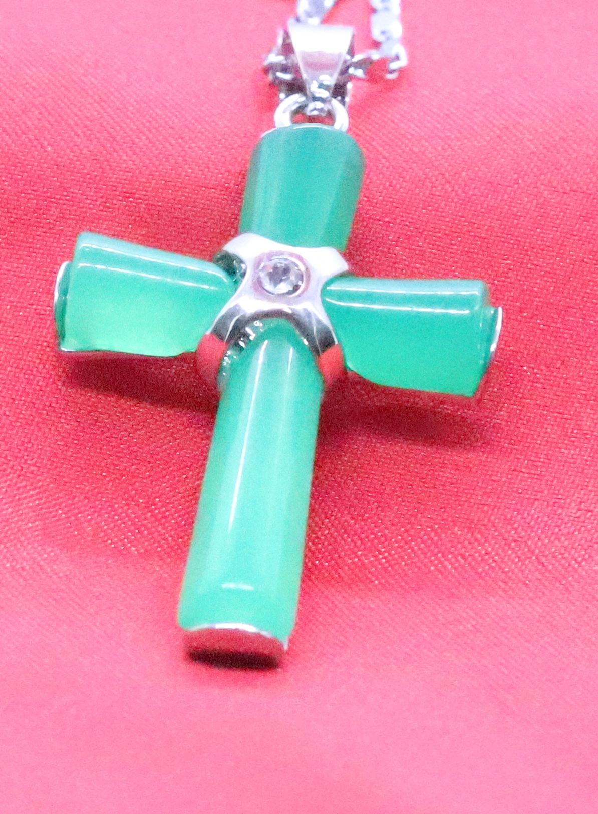 Beautifully Designed Sterling Silver Necklace with Genuine Dark Green Jade Cross Pendant on 18-Inch Chain