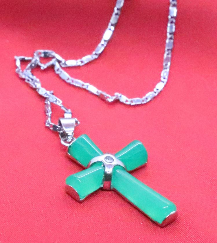 Beautifully Designed Sterling Silver Necklace with Genuine Dark Green Jade Cross Pendant on 18-Inch Chain