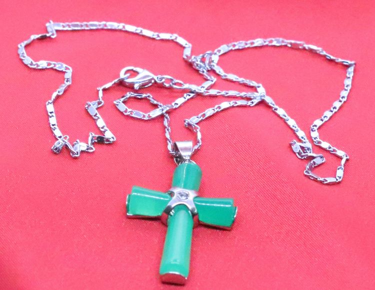 Beautifully Designed Sterling Silver Necklace with Genuine Dark Green Jade Cross Pendant on 18-Inch Chain