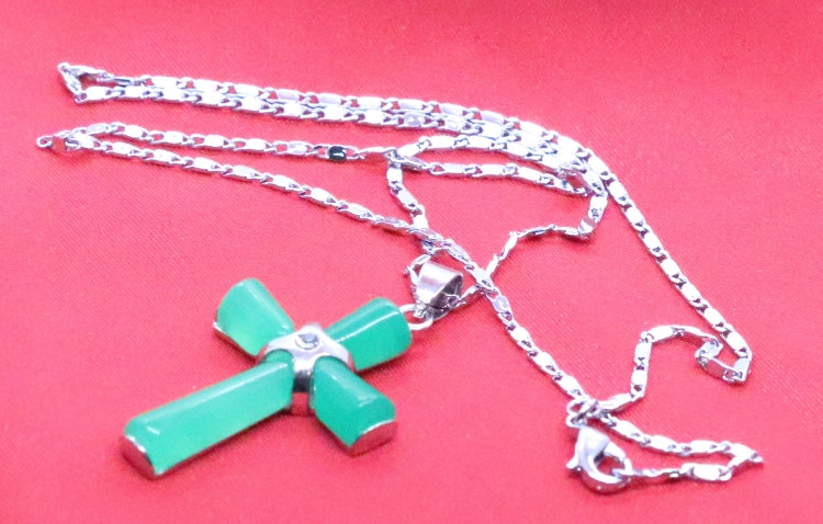 Beautifully Designed Sterling Silver Necklace with Genuine Dark Green Jade Cross Pendant on 18-Inch Chain