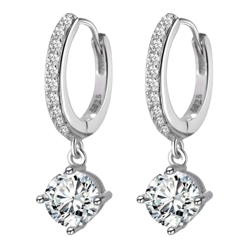 Classic Sterling Silver CZ Huggy Style Earrings with Round Dangling Solitaire CZ