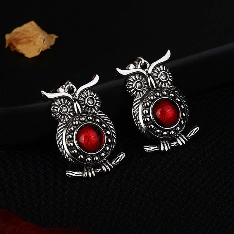 Meticulously Crafted Sterling Silver Adoreable Owl Earrings with Synthetic Ruby Gemstones