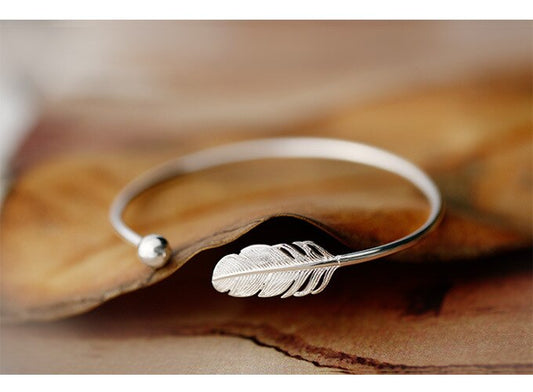 Elegant Sterling Silver Cuff Bangle Bracelet with Leaf and Ball Charm