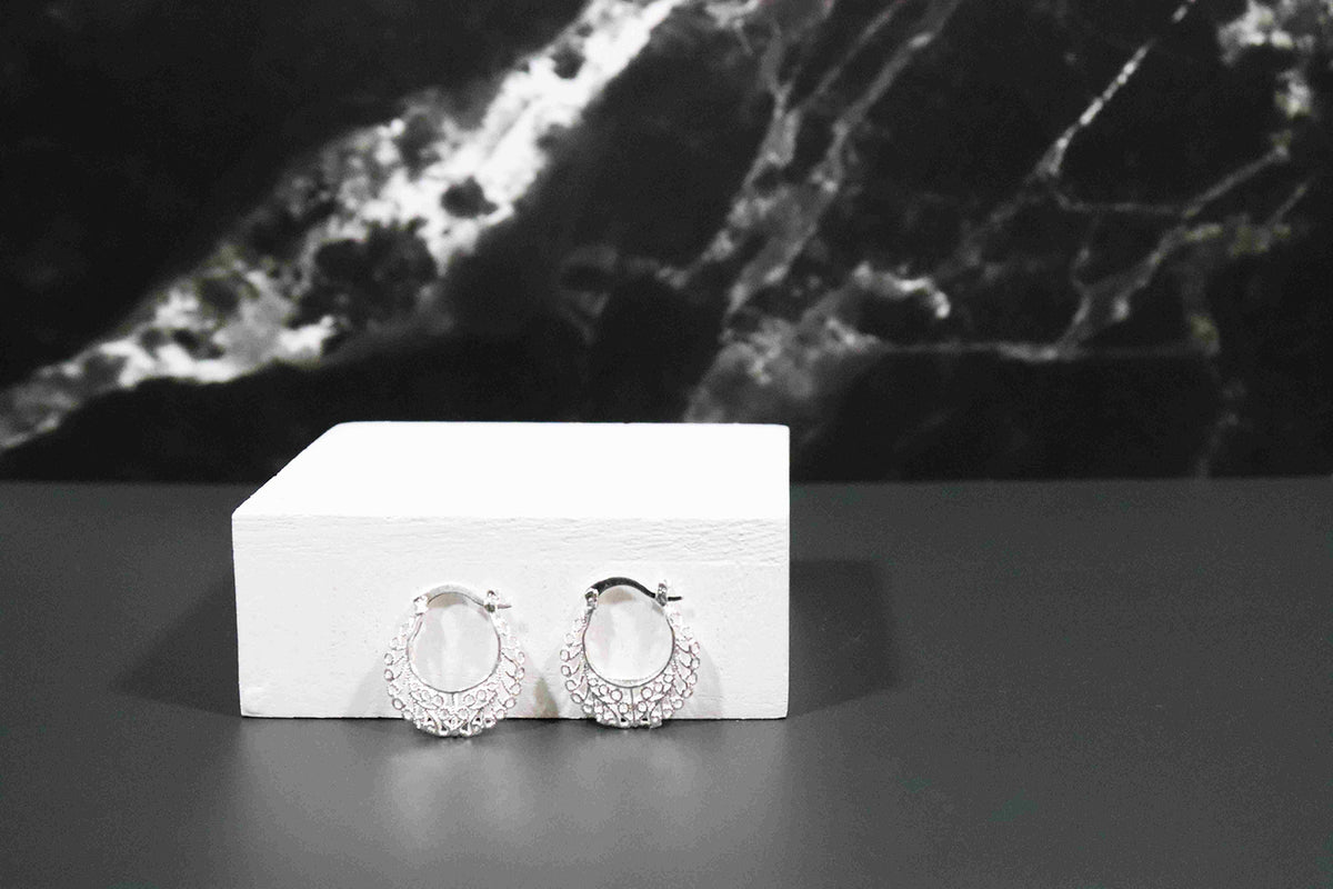 Lacey, Intricate Filigree Sterling Silver Hoop Earrings.