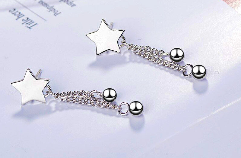 Trendy Sterling Silver Dangling Earrings with Star Ear Studs and Hanging Chain with Beads