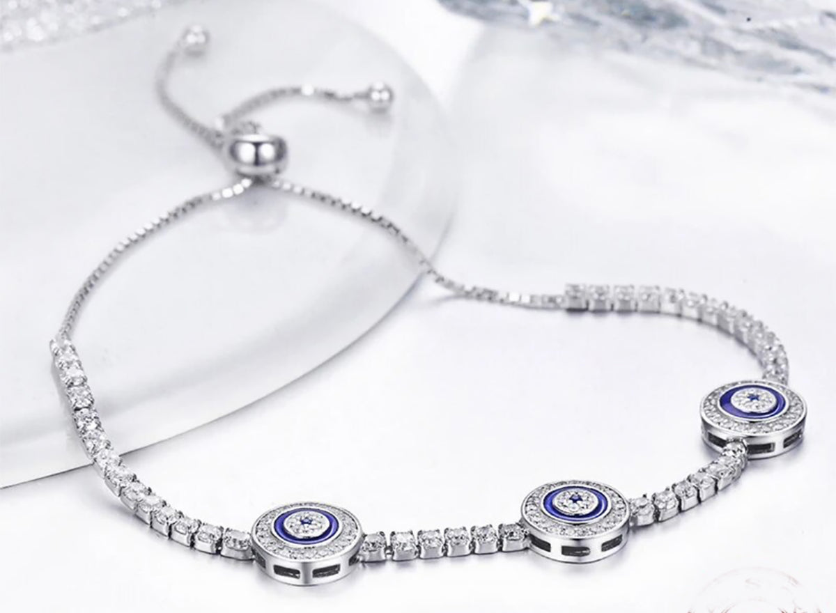 Sterling Silver Cubic Zirconia Adjustable Evil Eye Bracelet