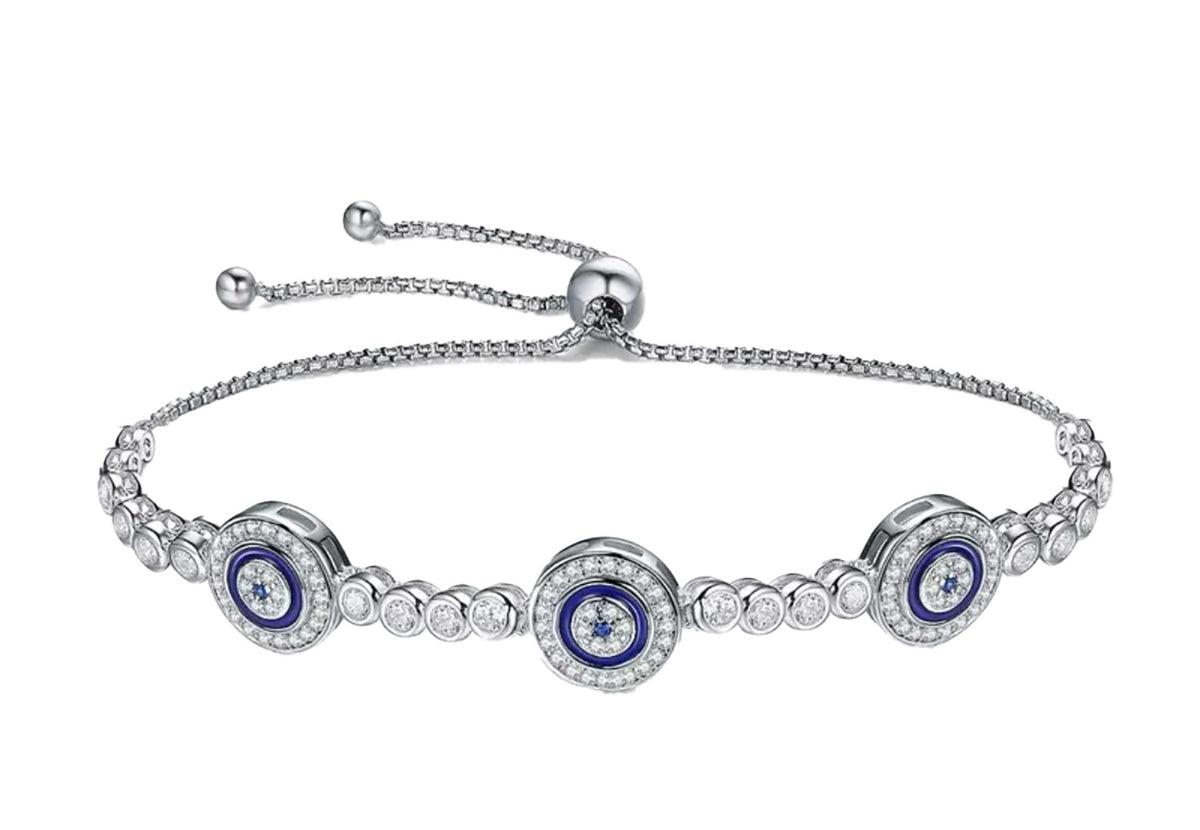 Sterling Silver Cubic Zirconia Adjustable Evil Eye Bracelet
