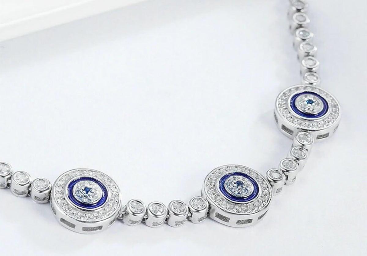 Sterling Silver Cubic Zirconia Adjustable Evil Eye Bracelet